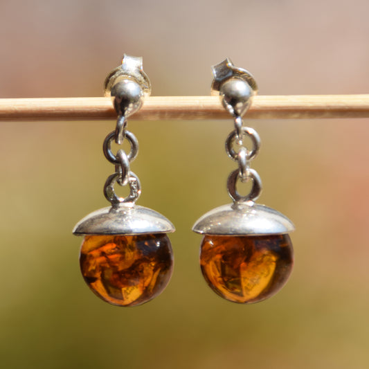 Dangle earrings with natural cognac Amber sphere and 925 Sterling Silver, MJ Baltica, BK052