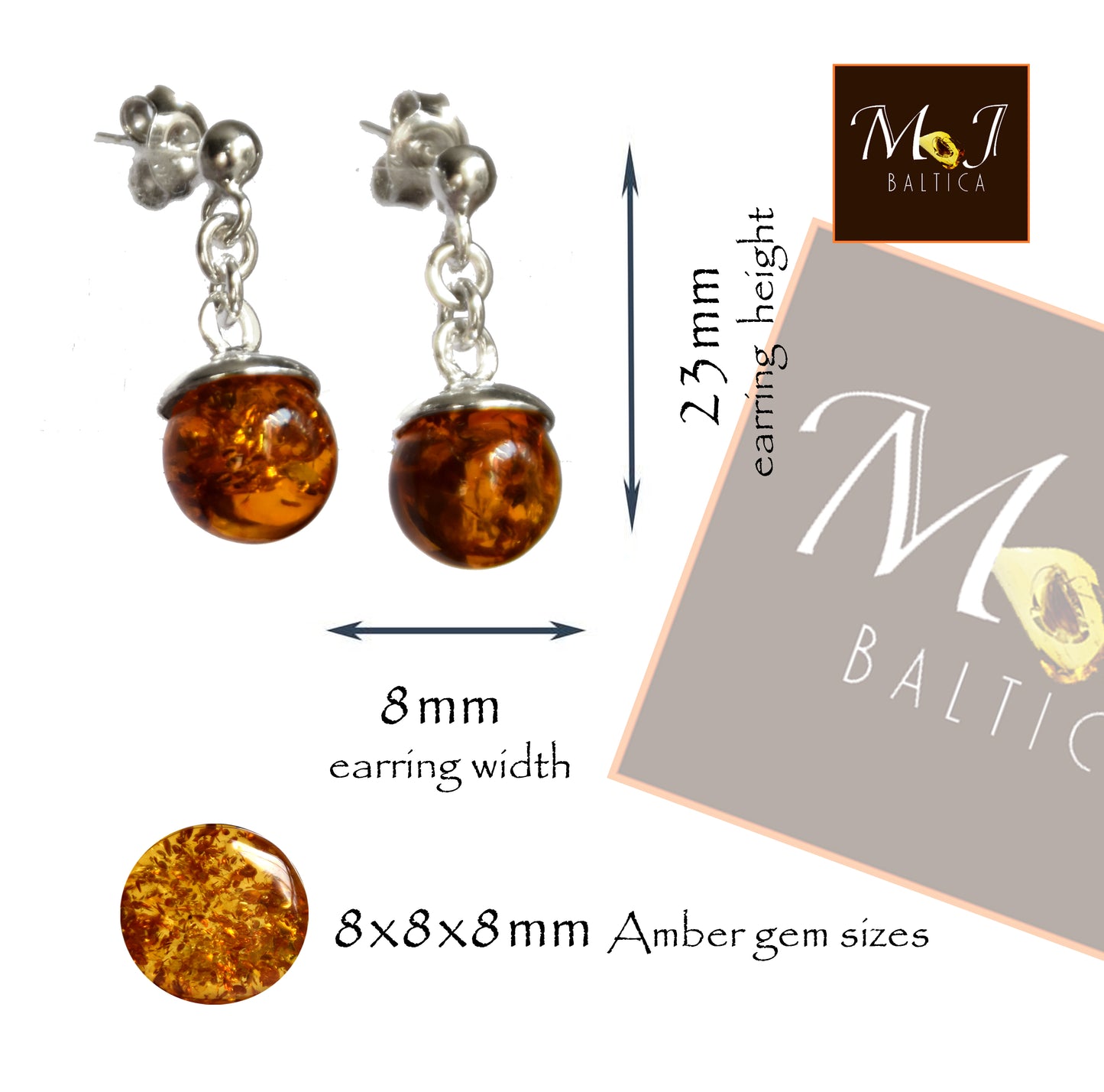 MJ Baltica, earrings, natural Baltic amber, 925 silver, sphere, handcrafted, pendant BK052