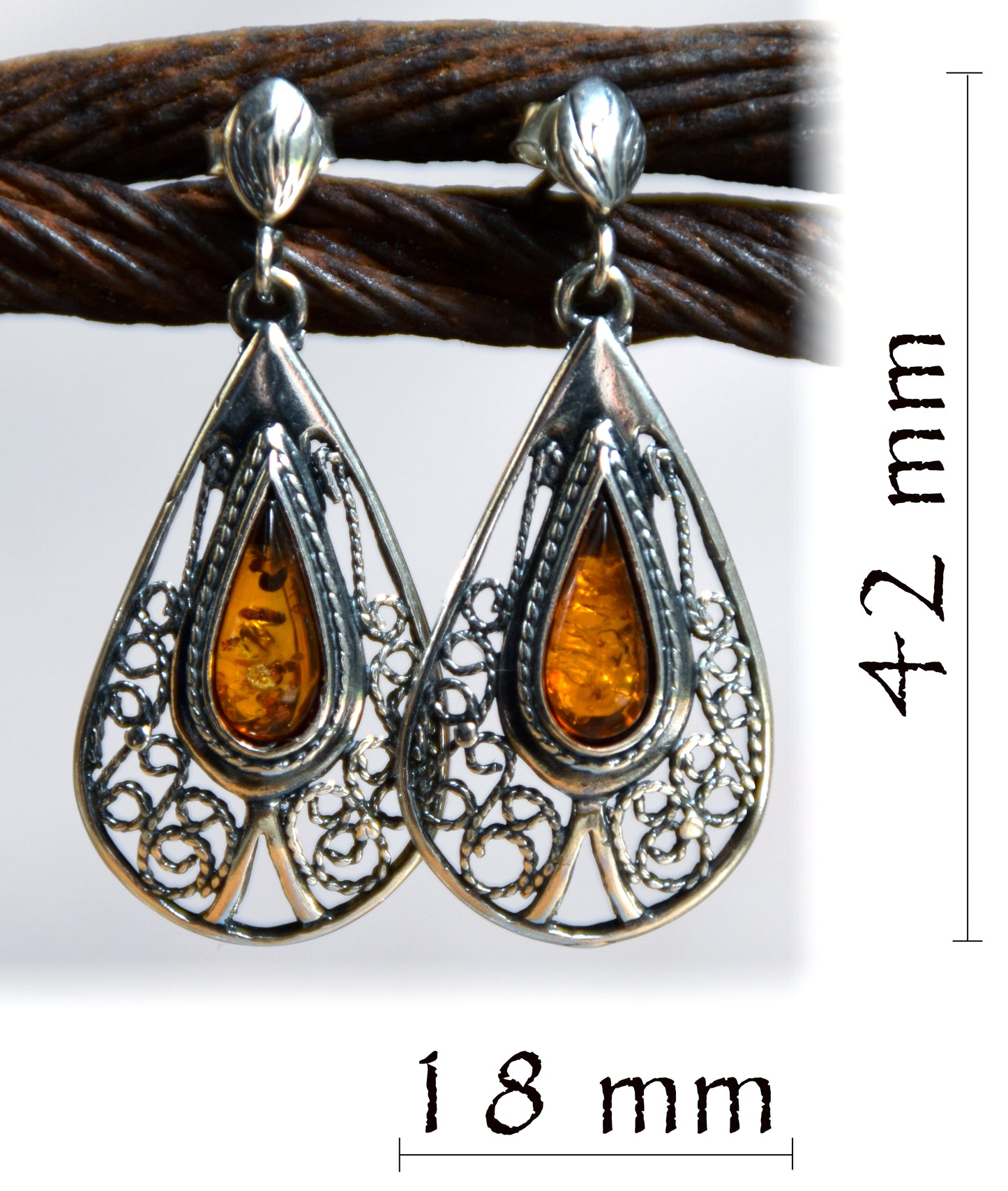 MJ Baltica, earrings, natural Baltic amber, 925 silver, filigree, handcrafted BK053