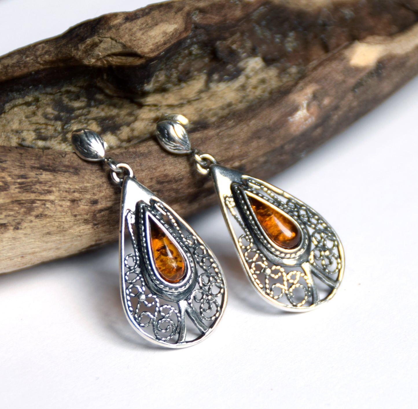 MJ Baltica, earrings, natural Baltic amber, 925 silver, filigree, handcrafted BK053