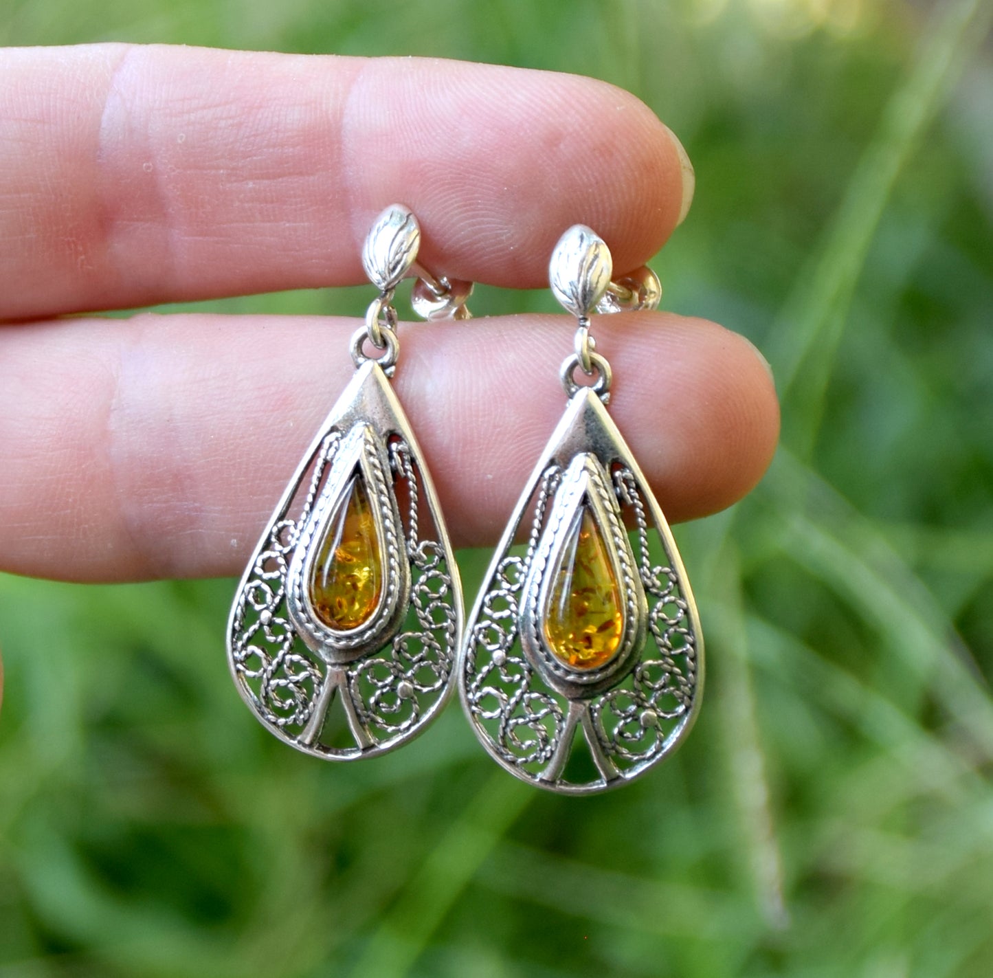 MJ Baltica, earrings, natural Baltic amber, 925 silver, filigree, handcrafted BK053