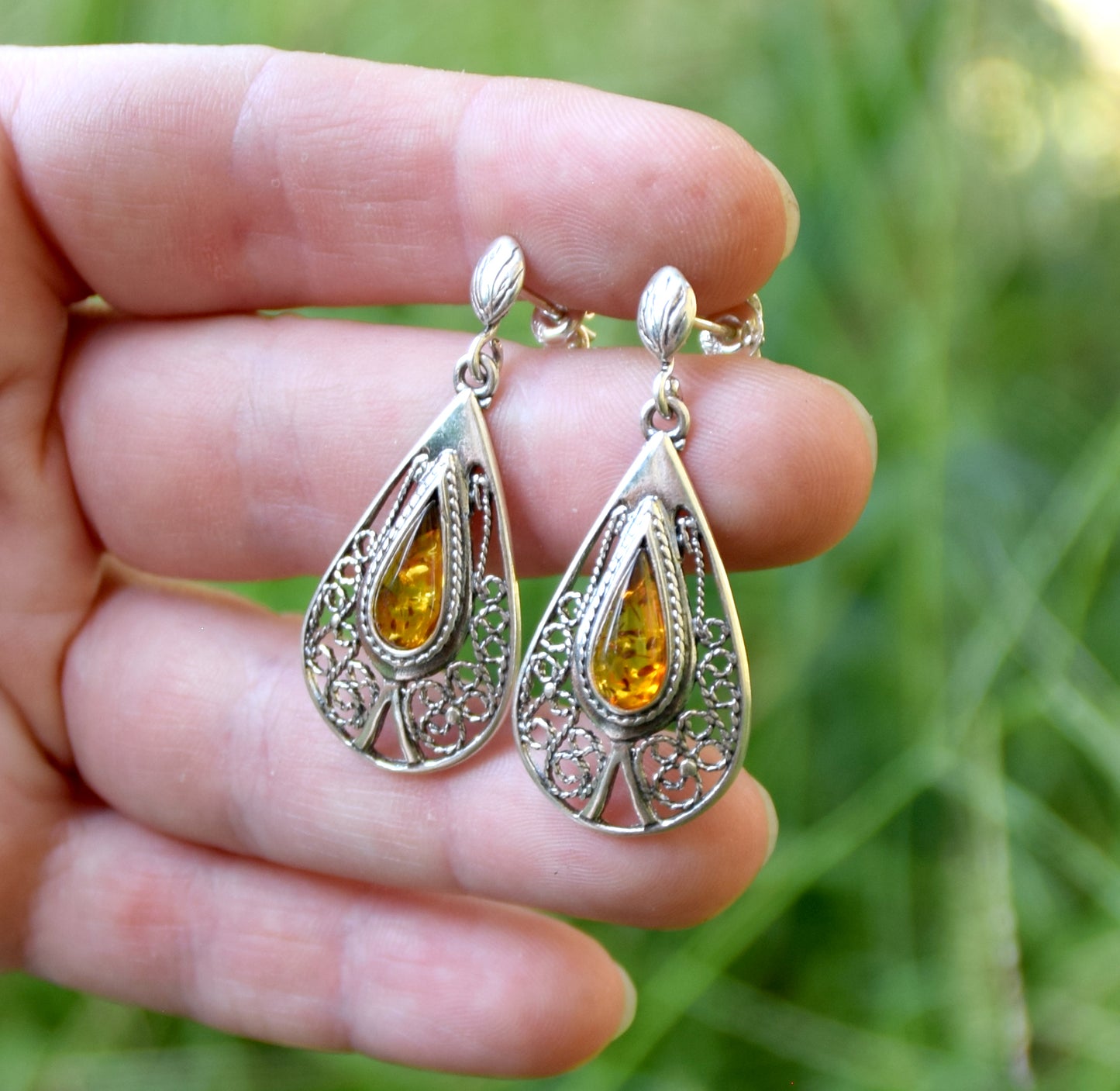 MJ Baltica, earrings, natural Baltic amber, 925 silver, filigree, handcrafted BK053