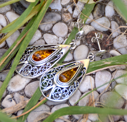 MJ Baltica, earrings, natural Baltic amber, 925 silver, filigree, handcrafted BK053