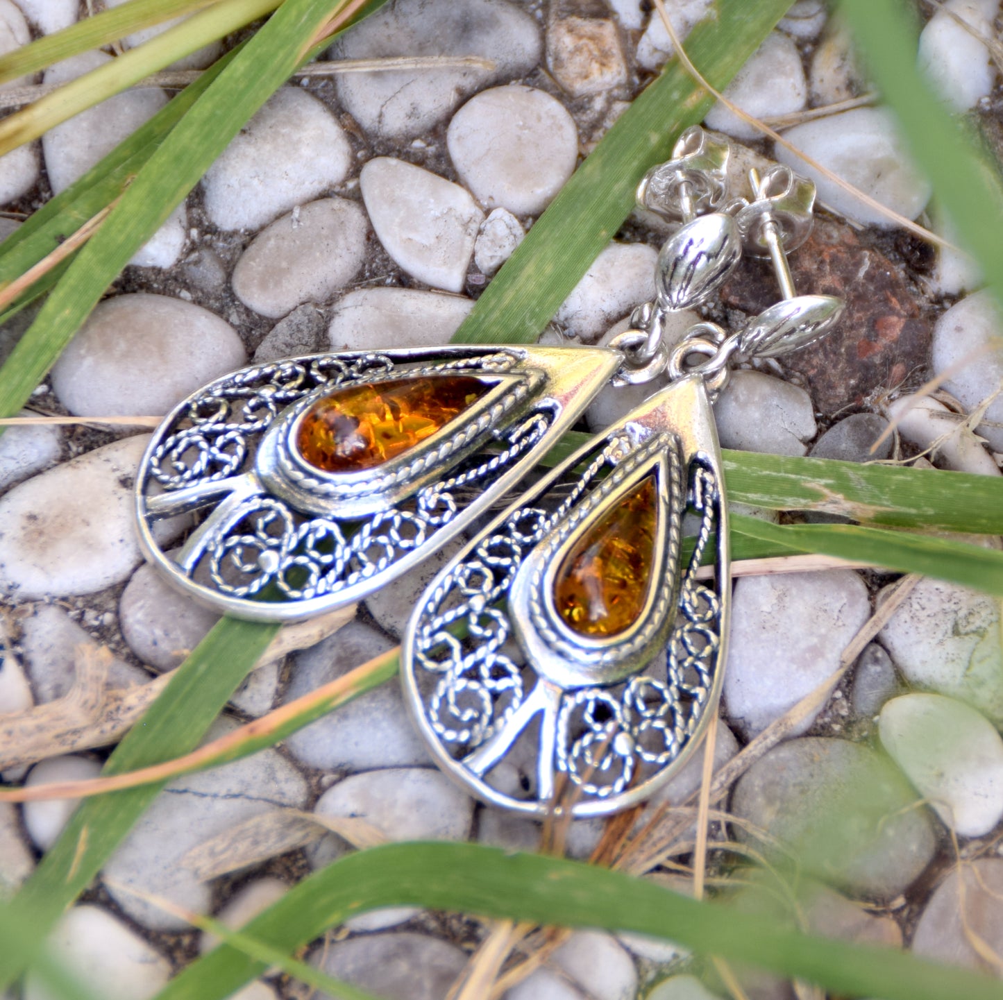 MJ Baltica, earrings, natural Baltic amber, 925 silver, filigree, handcrafted BK053