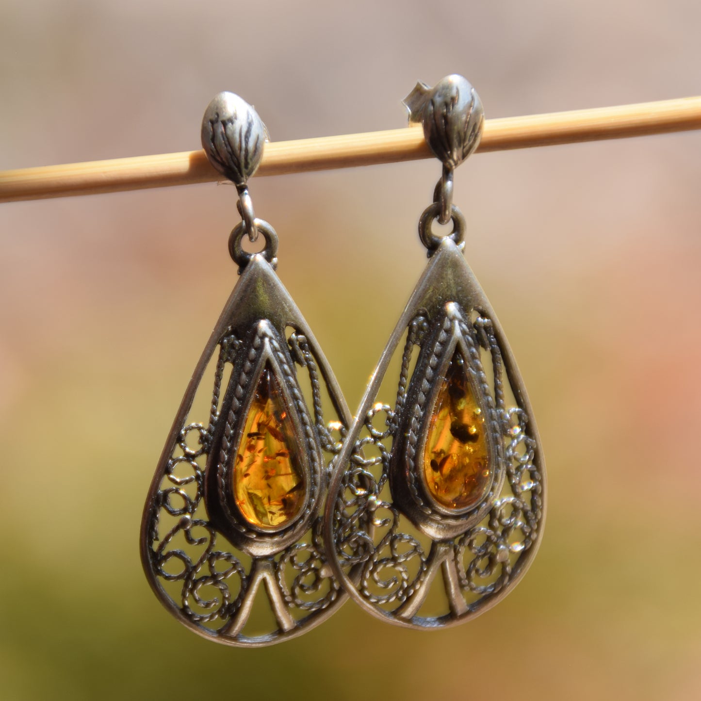 Dangle earrings with filigree and natural cognac amber, 925 silver, MJ Baltica, BK053