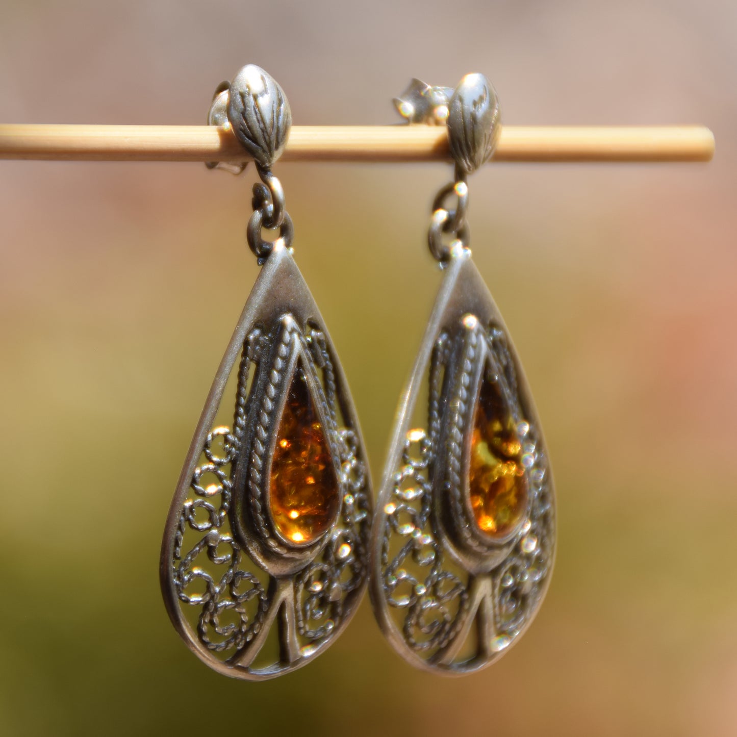 Dangle earrings with filigree and natural cognac amber, 925 silver, MJ Baltica, BK053