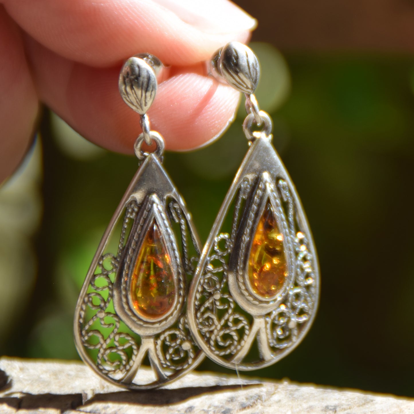 Dangle earrings with filigree and natural cognac amber, 925 silver, MJ Baltica, BK053