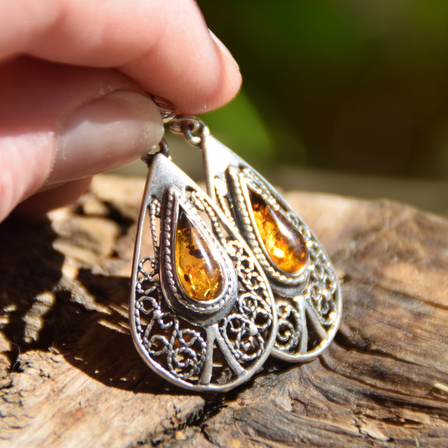 Dangle earrings with filigree and natural cognac amber, 925 silver, MJ Baltica, BK053