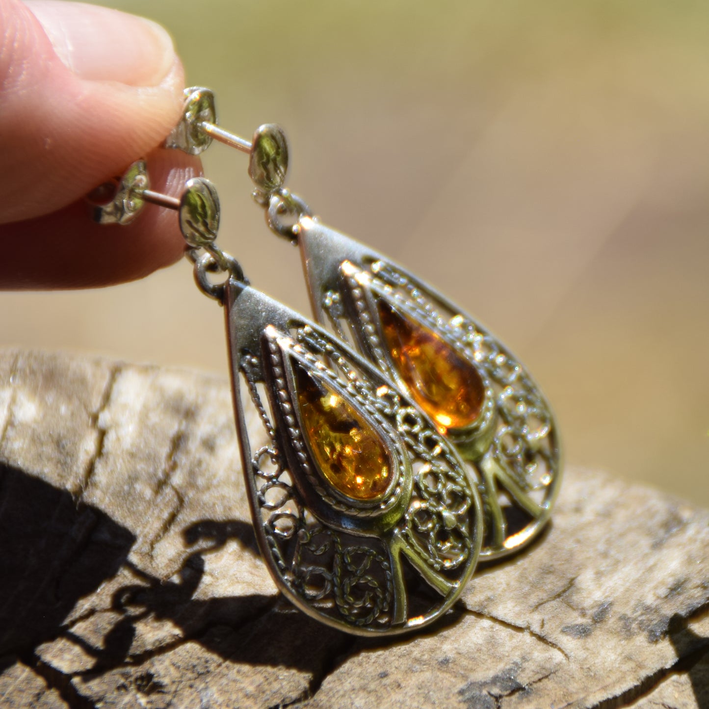 Dangle earrings with filigree and natural cognac amber, 925 silver, MJ Baltica, BK053