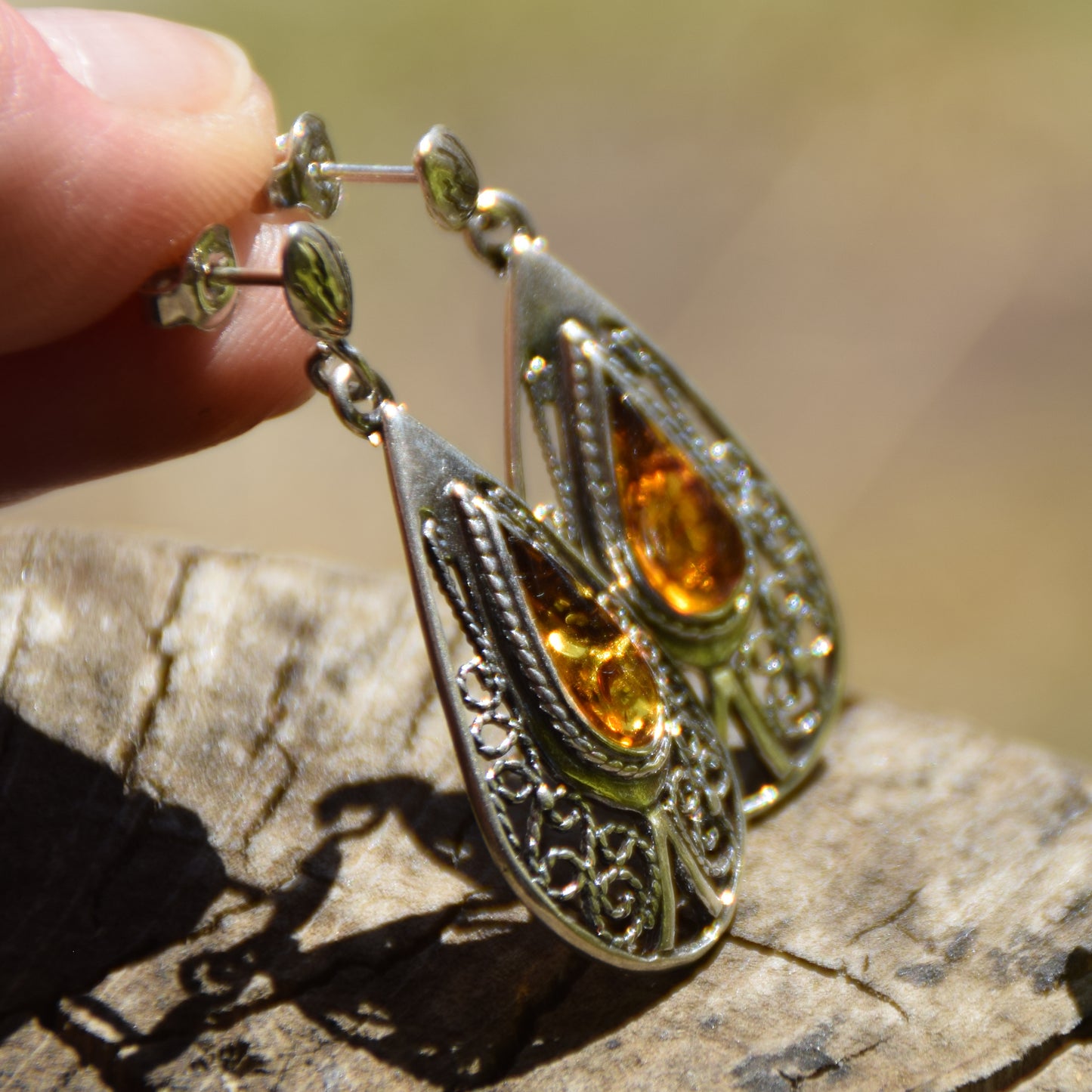 Dangle earrings with filigree and natural cognac amber, 925 silver, MJ Baltica, BK053