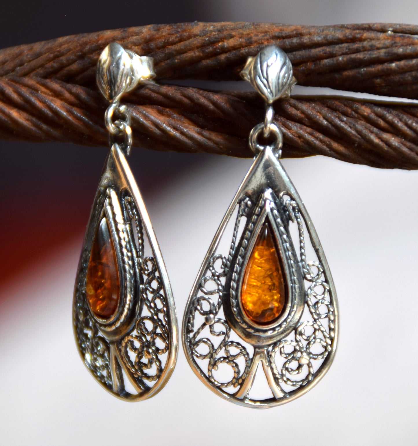 MJ Baltica, earrings, natural Baltic amber, 925 silver, filigree, handcrafted BK053