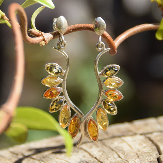 Light and luminous dangle earrings with natural Amber of various colors and 925 Sterling Silver, MJ Baltica, BK054