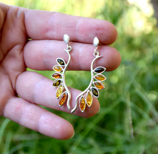 MJ Baltica, earrings, natural Baltic amber, 925 silver, fan, multi colour, handcrafted, unique BK054