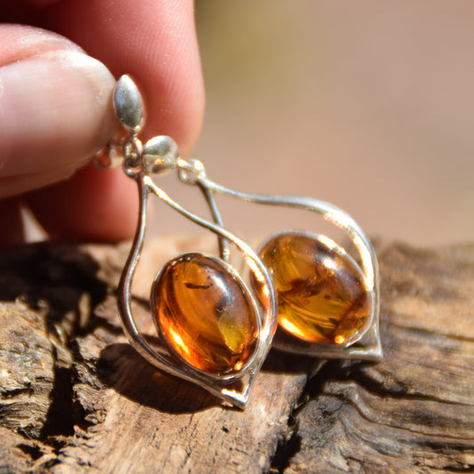 Elegant dangle earrings with natural cognac Amber and 925 Silver, MJ Baltica, BK055