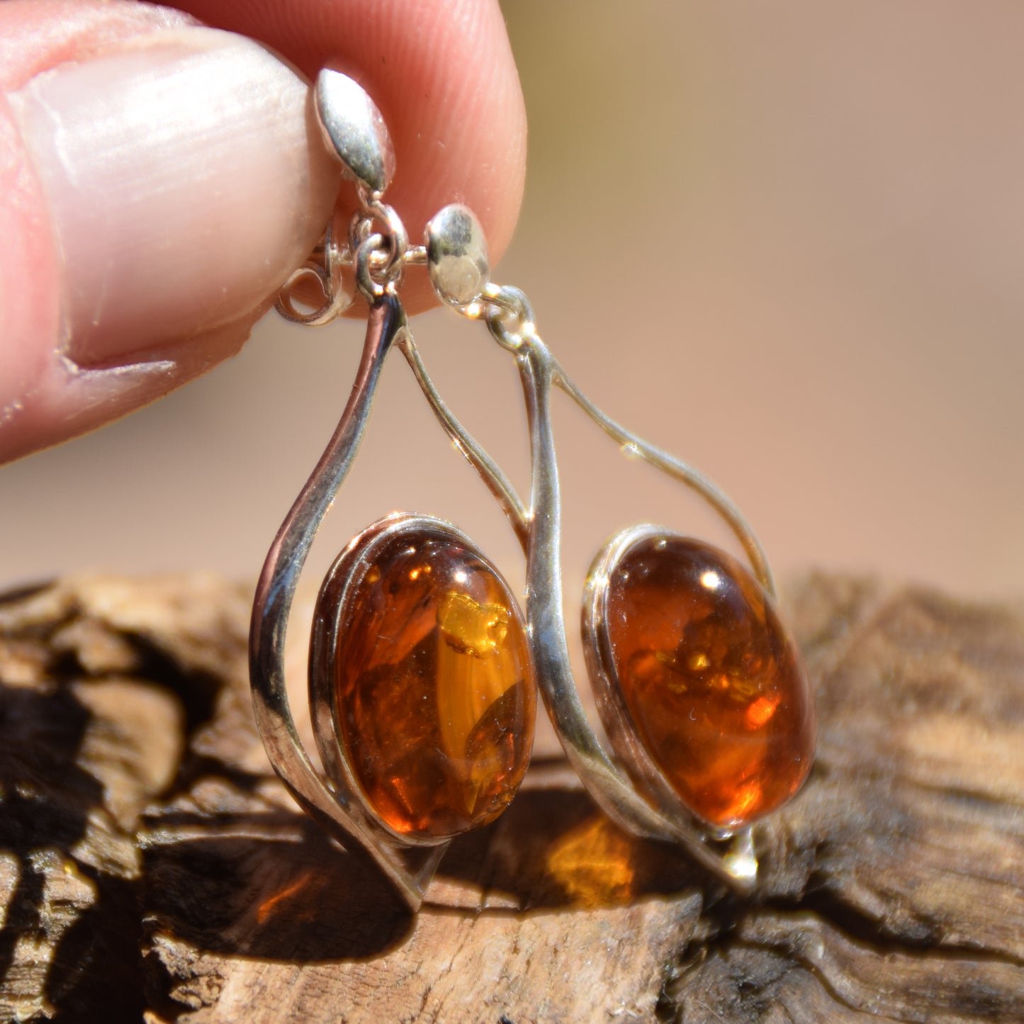 Elegant dangle earrings with natural cognac Amber and 925 Silver, MJ Baltica, BK055