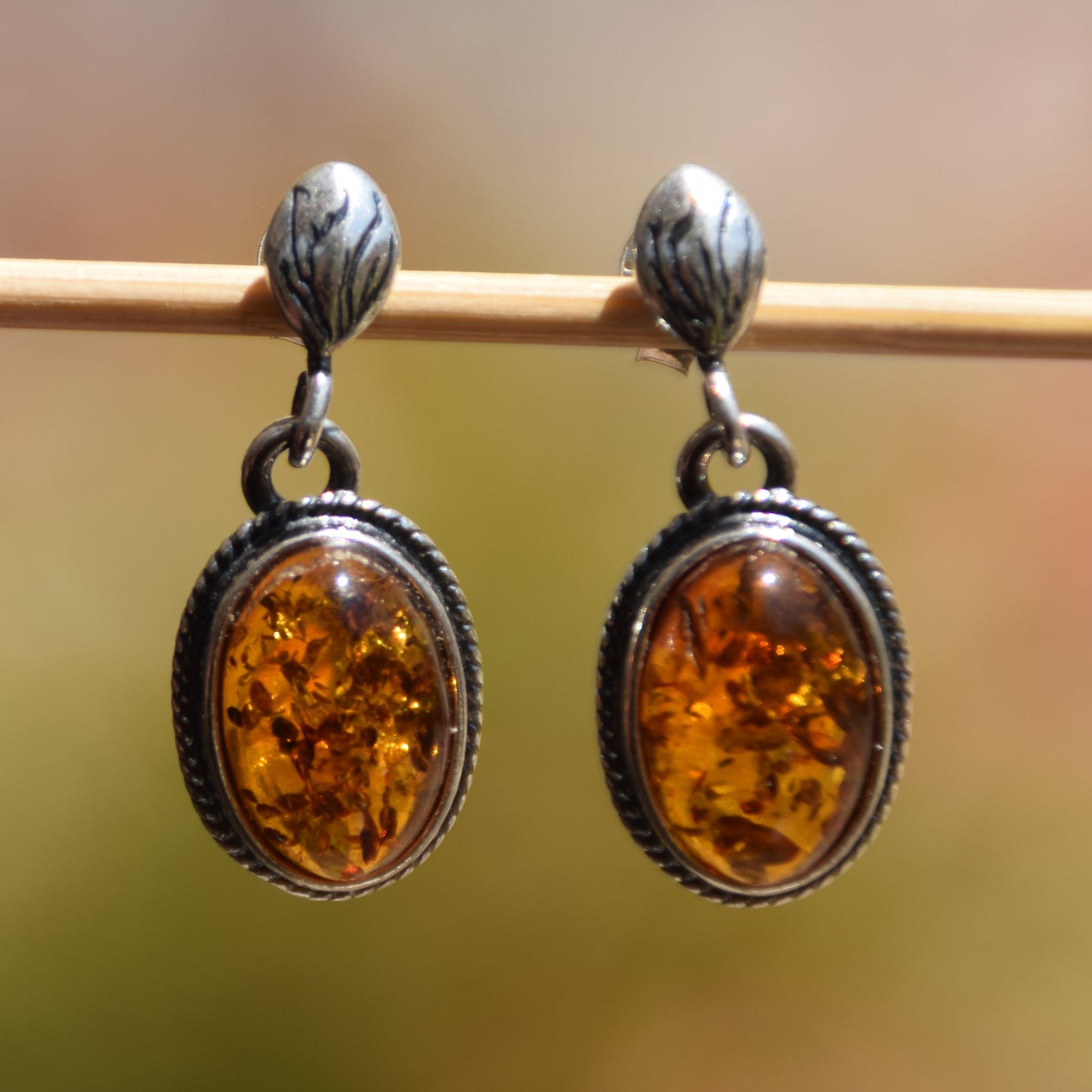 Classic dangling earrings with 925 Sterling Silver and natural cognac Amber, MJ Baltica, BK056