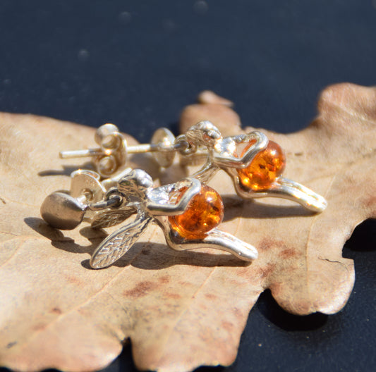 Delicate dangling earrings with a fairy, natural cognac amber and 925 silver, MJ Baltica, BK057
