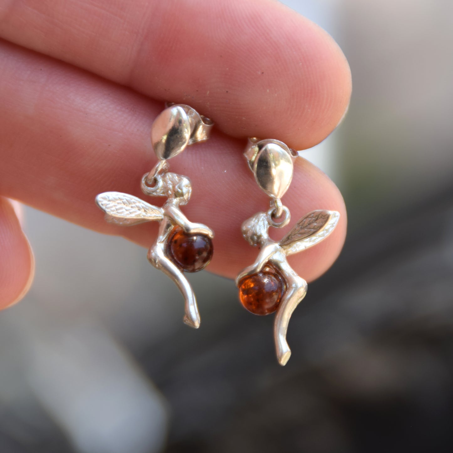 Delicate dangling earrings with a fairy, natural cognac amber and 925 silver, MJ Baltica, BK057