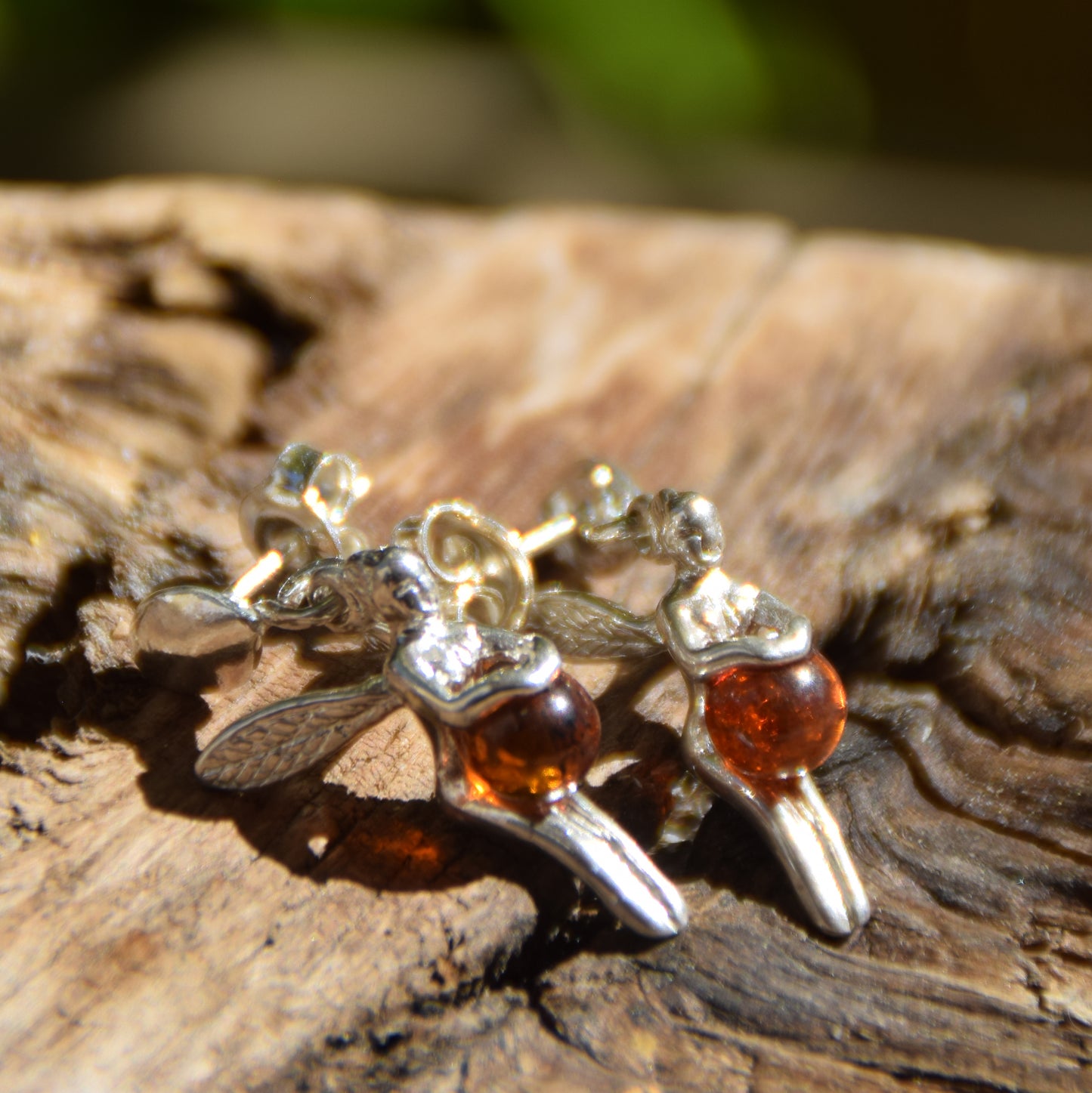 Delicate dangling earrings with a fairy, natural cognac amber and 925 silver, MJ Baltica, BK057