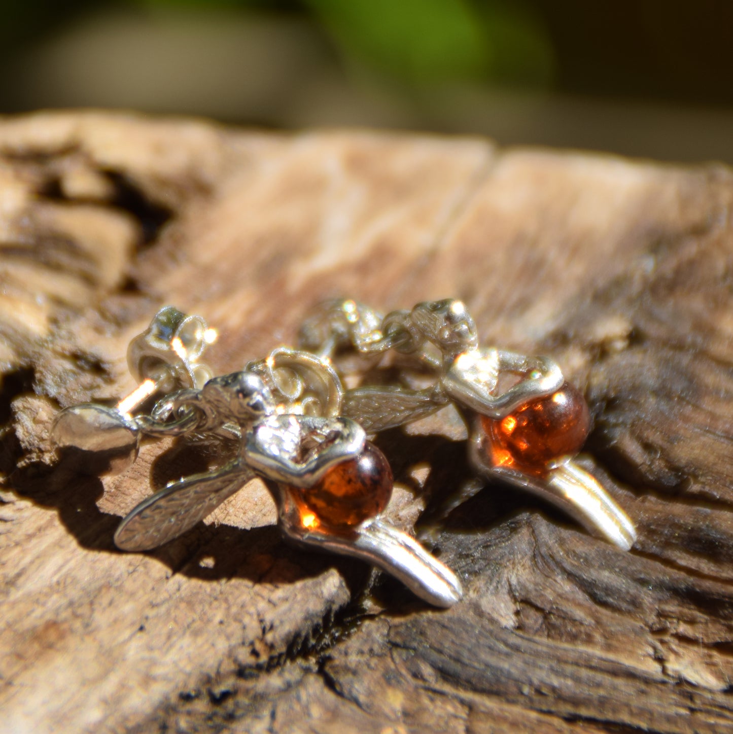 Delicate dangling earrings with a fairy, natural cognac amber and 925 silver, MJ Baltica, BK057