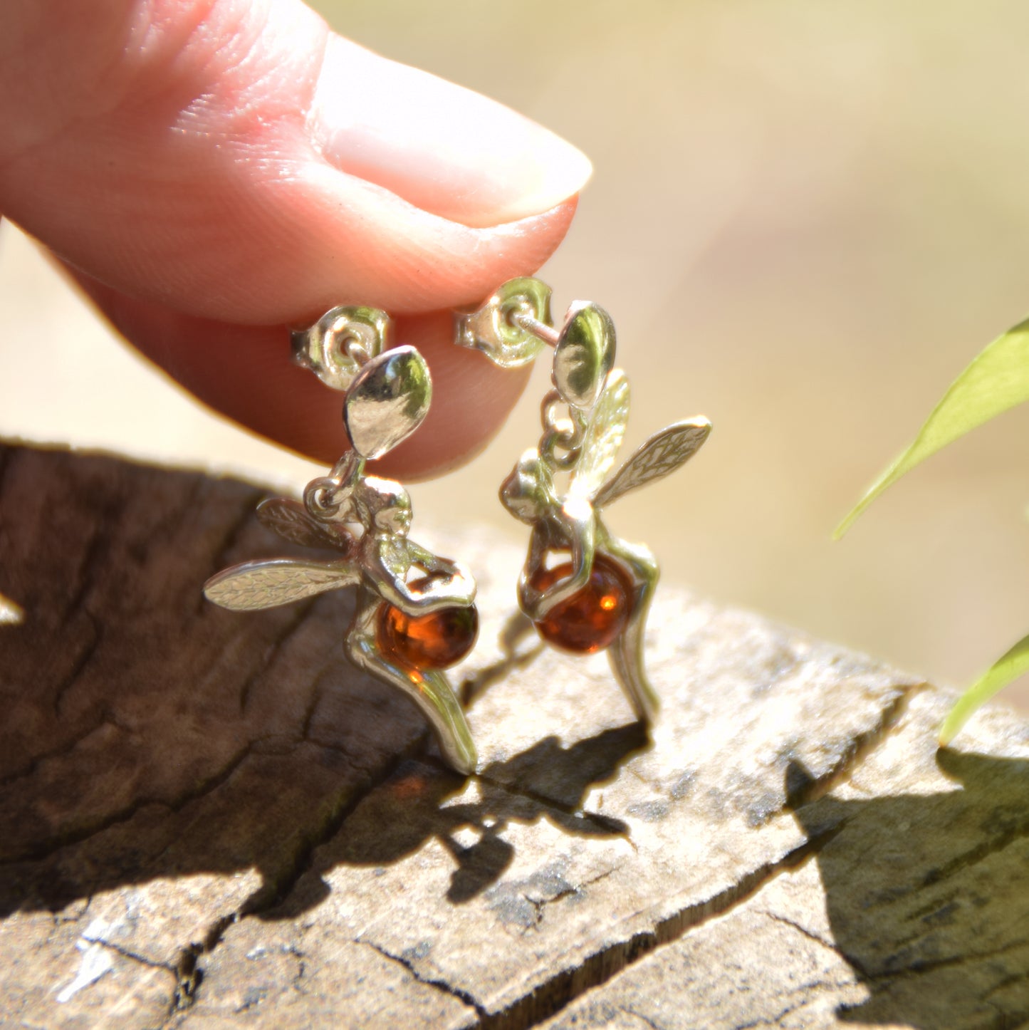 Delicate dangling earrings with a fairy, natural cognac amber and 925 silver, MJ Baltica, BK057