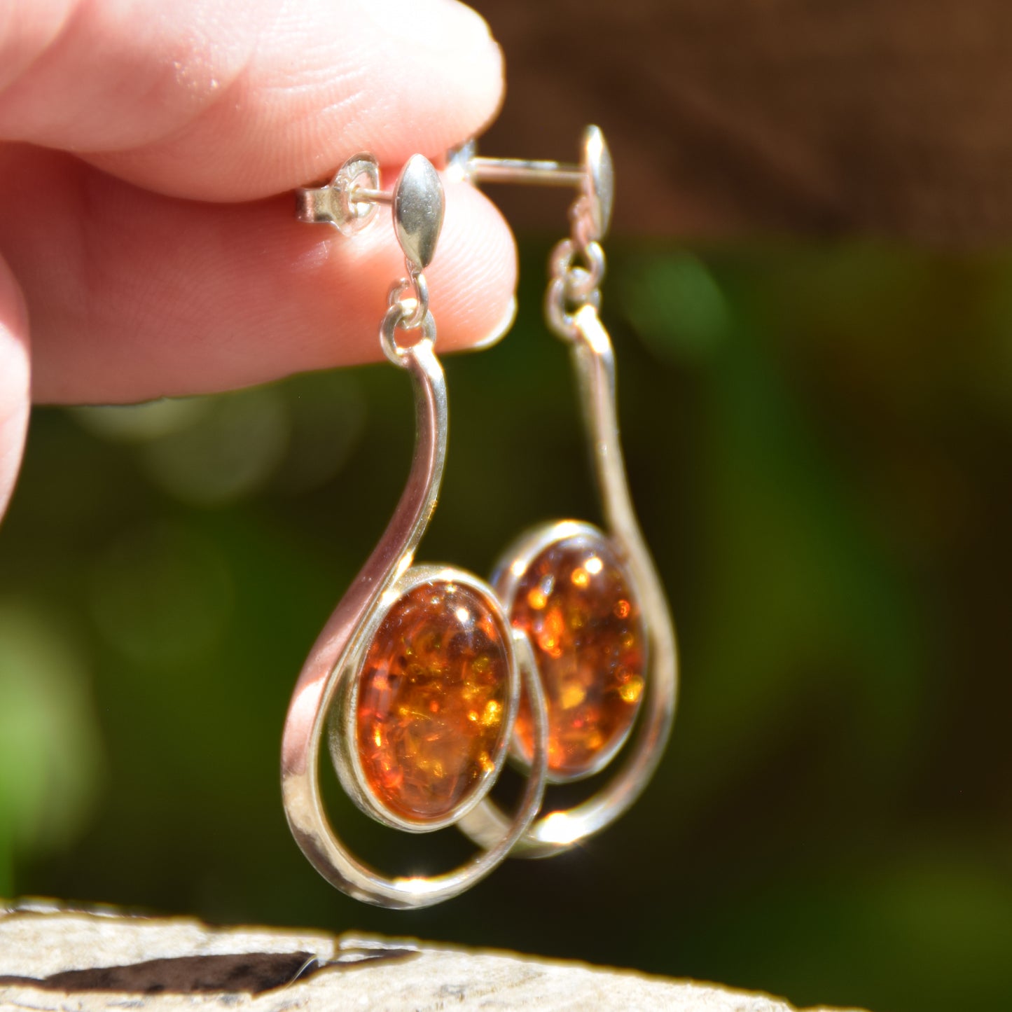 Large stud earrings with natural Cognac Amber and 925 Silver, MJ Baltica, BK060