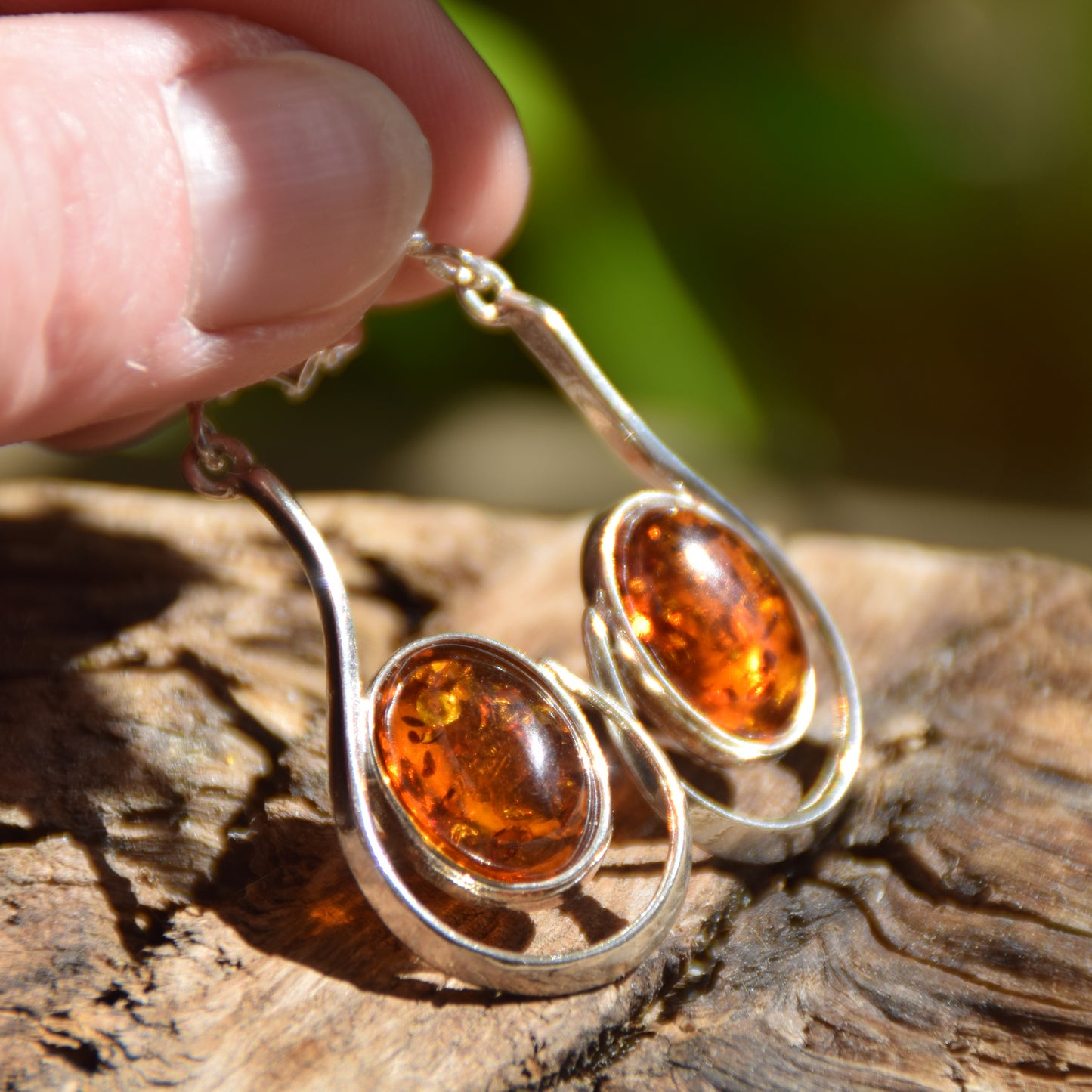 Large stud earrings with natural Cognac Amber and 925 Silver, MJ Baltica, BK060