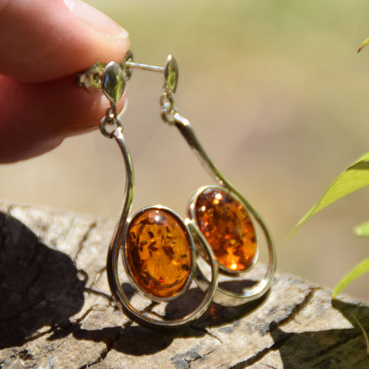 Large stud earrings with natural Cognac Amber and 925 Silver, MJ Baltica, BK060
