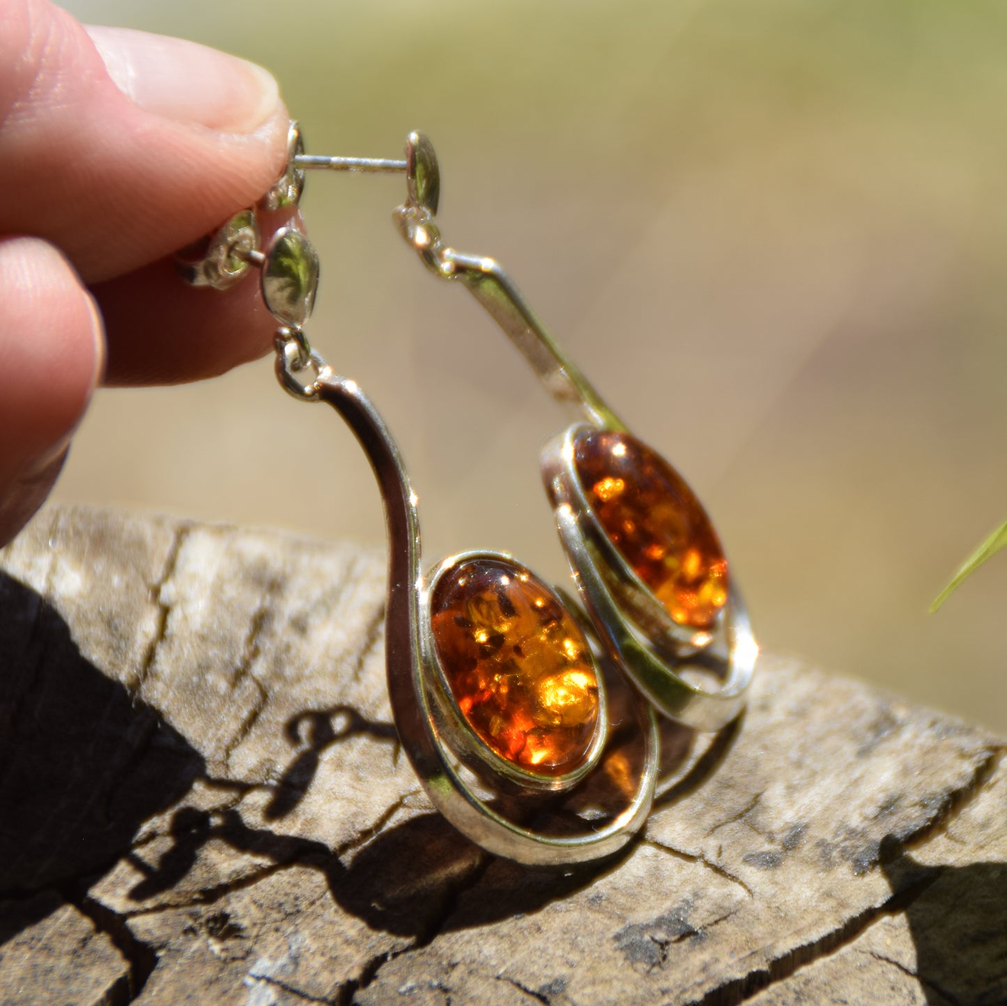 Large stud earrings with natural Cognac Amber and 925 Silver, MJ Baltica, BK060