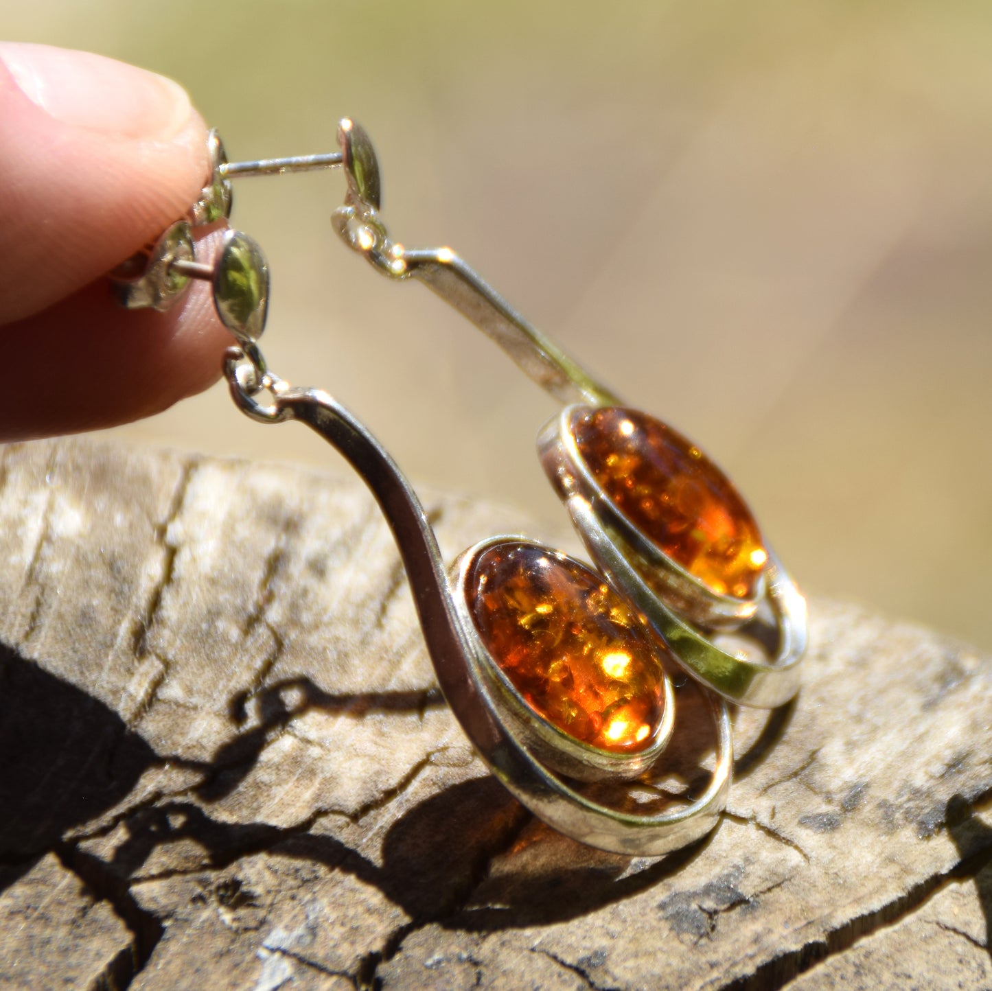 Large stud earrings with natural Cognac Amber and 925 Silver, MJ Baltica, BK060