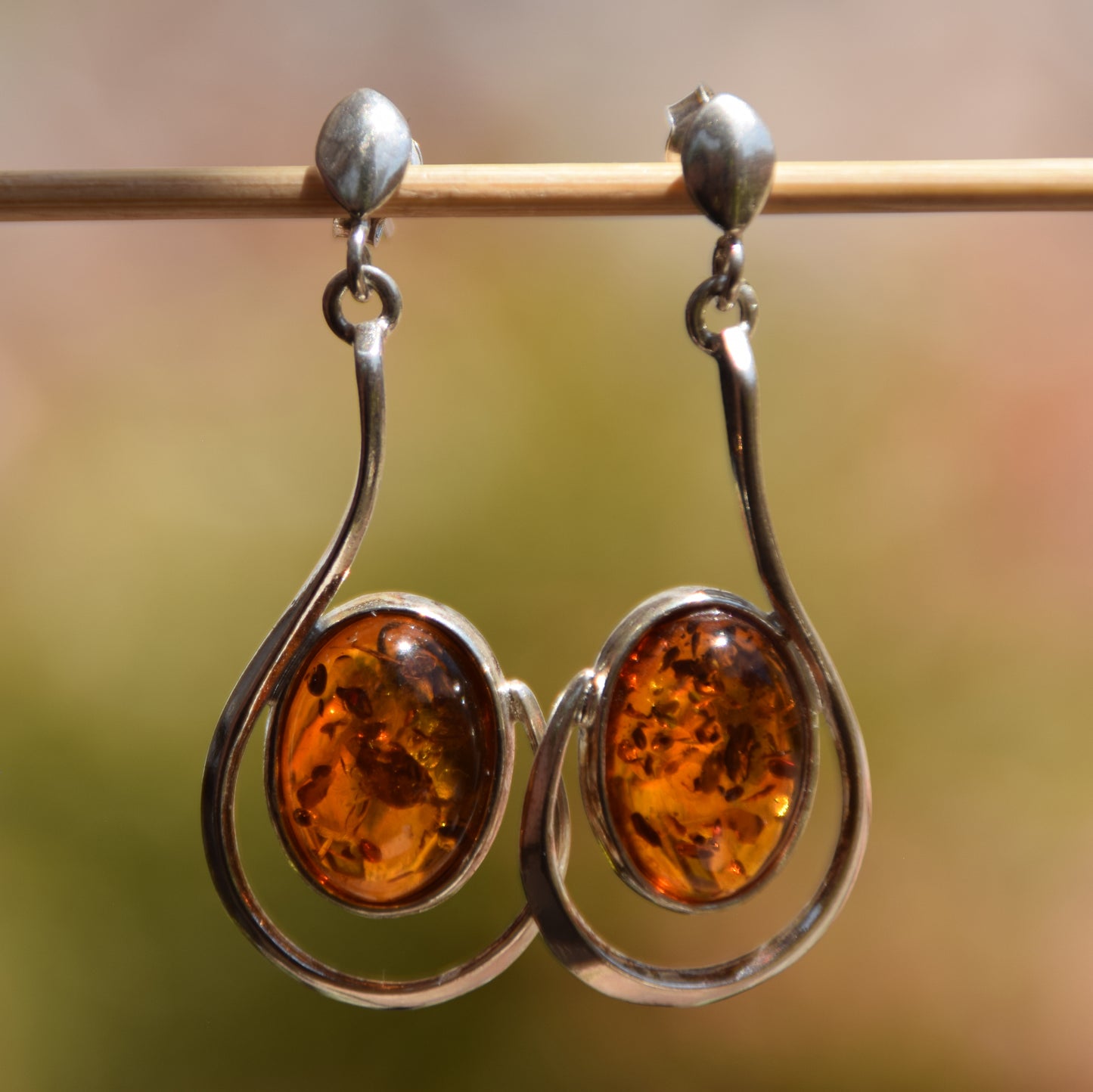 Large stud earrings with natural Cognac Amber and 925 Silver, MJ Baltica, BK060