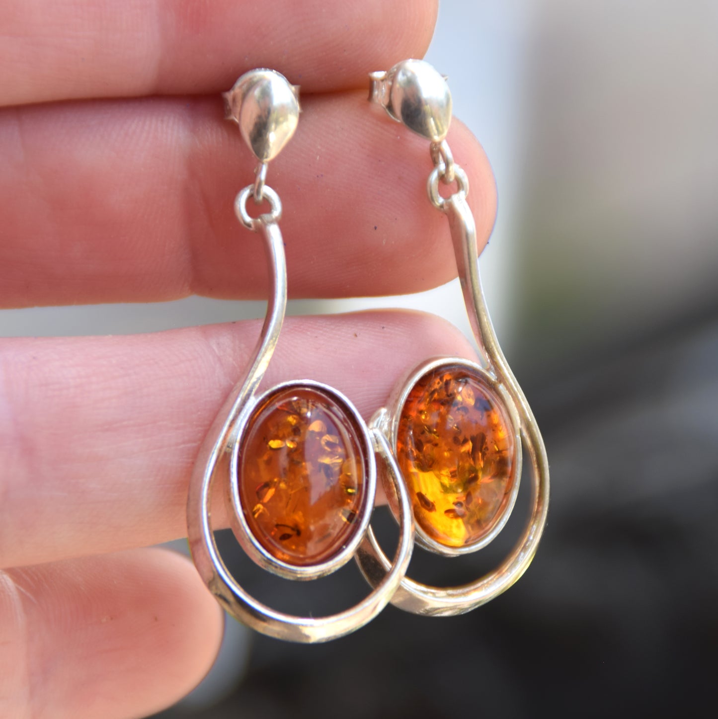 Large stud earrings with natural Cognac Amber and 925 Silver, MJ Baltica, BK060
