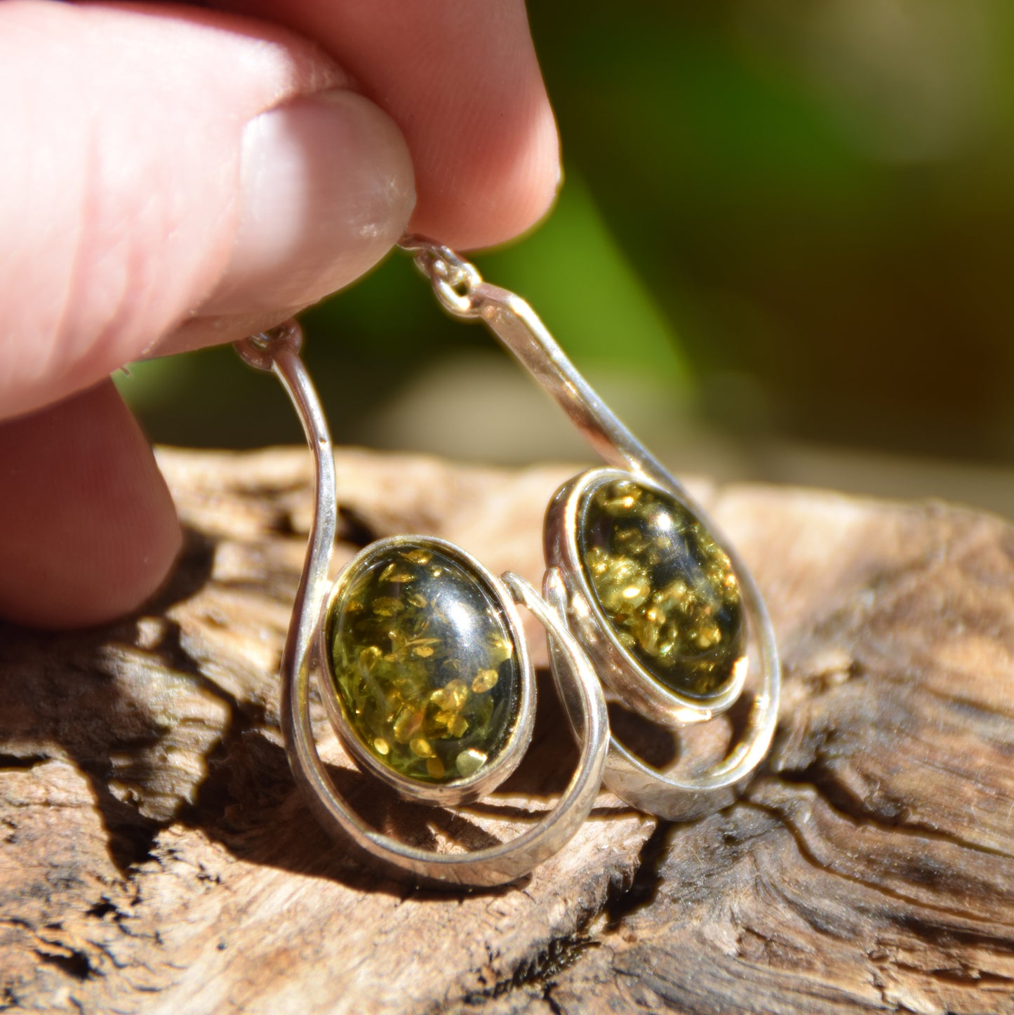 Long dangle earrings with natural green Amber and 925 Silver, MJ Baltica, BK061