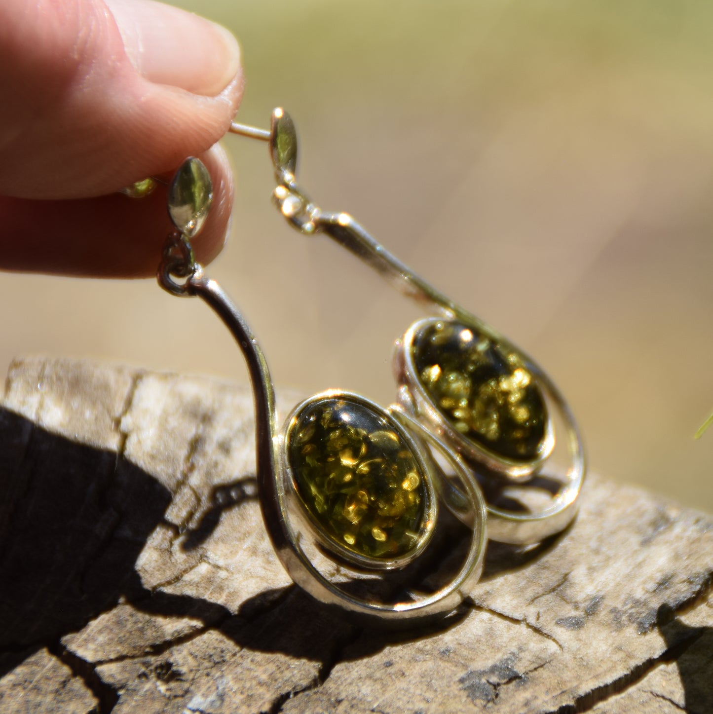 Long dangle earrings with natural green Amber and 925 Silver, MJ Baltica, BK061