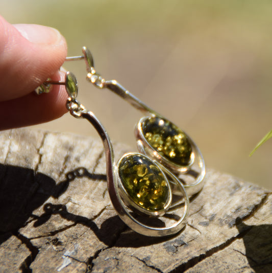 Long dangle earrings with natural green Amber and 925 Silver, MJ Baltica, BK061