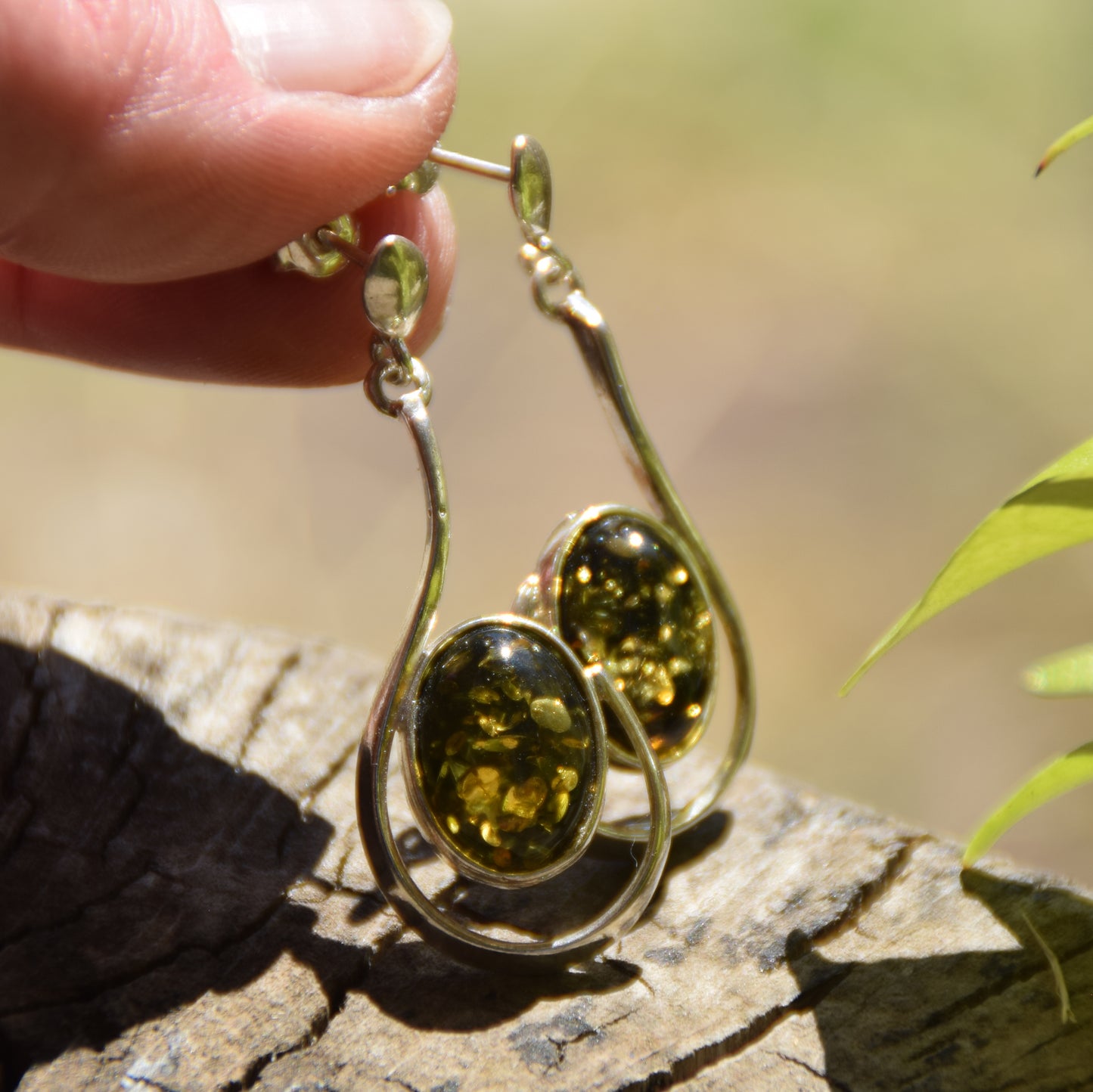 Long dangle earrings with natural green Amber and 925 Silver, MJ Baltica, BK061
