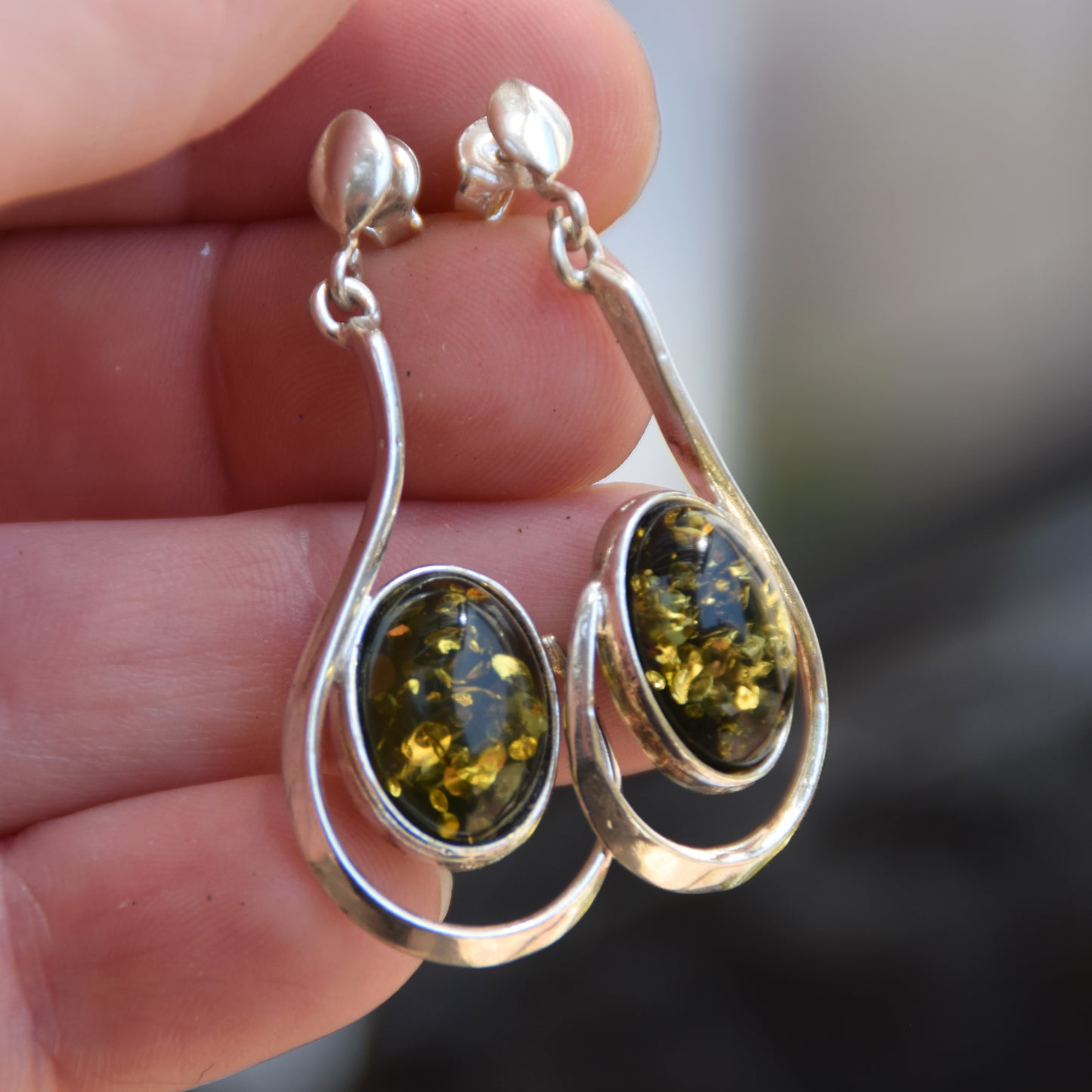 Long dangle earrings with natural green Amber and 925 Silver, MJ Baltica, BK061