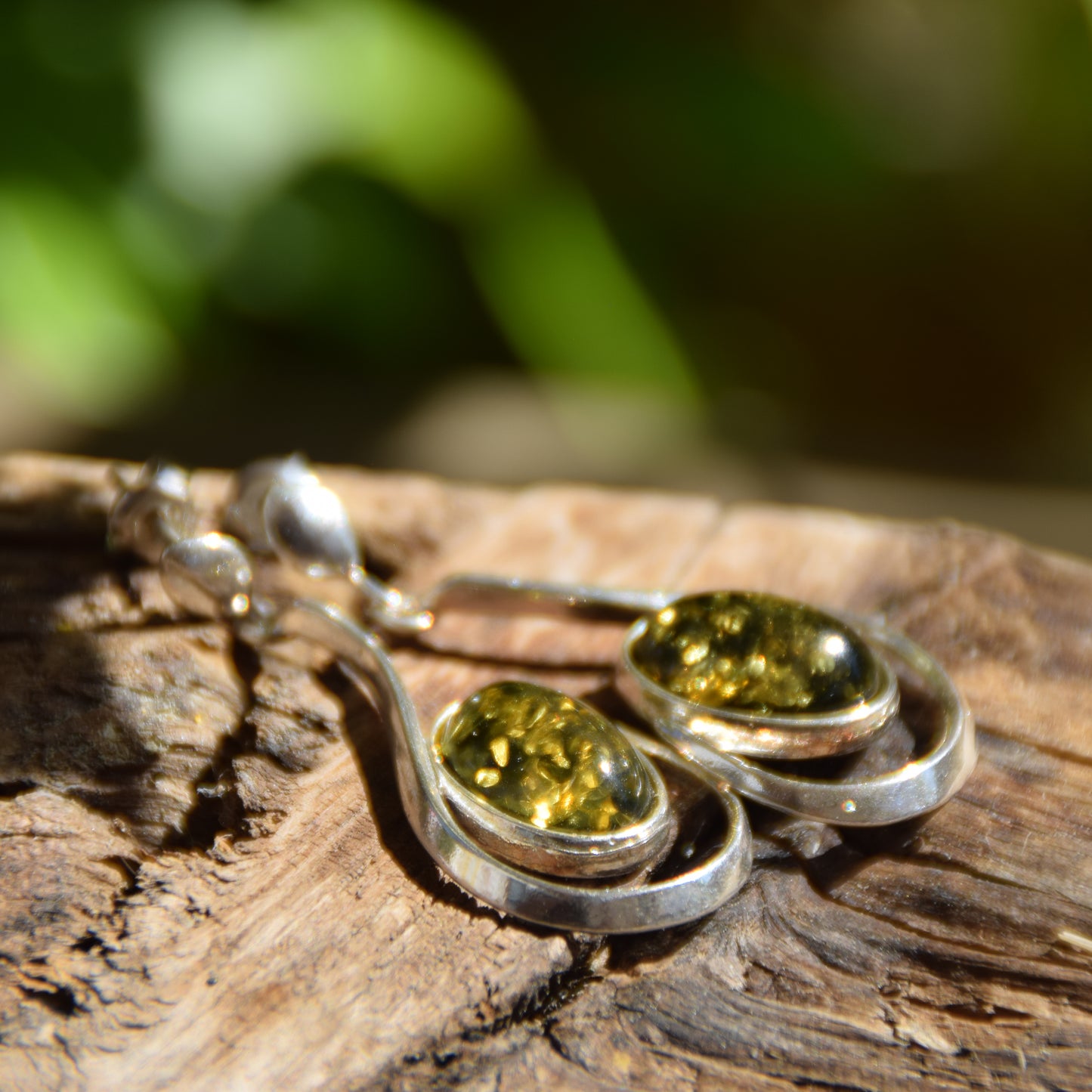 Long dangle earrings with natural green Amber and 925 Silver, MJ Baltica, BK061