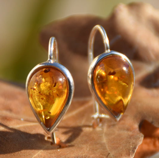 Cognac Natural Amber Teardrop Dangle Earrings in Sterling Silver 925, MJ Baltica, BK064