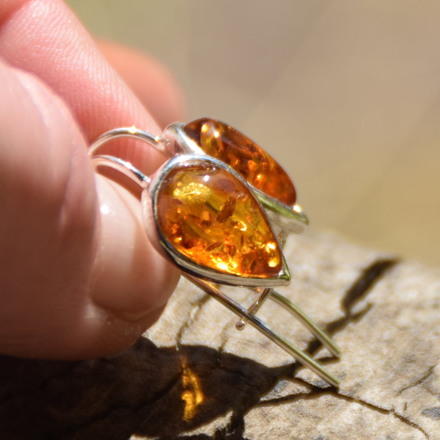 Cognac Natural Amber Teardrop Dangle Earrings in Sterling Silver 925, MJ Baltica, BK064