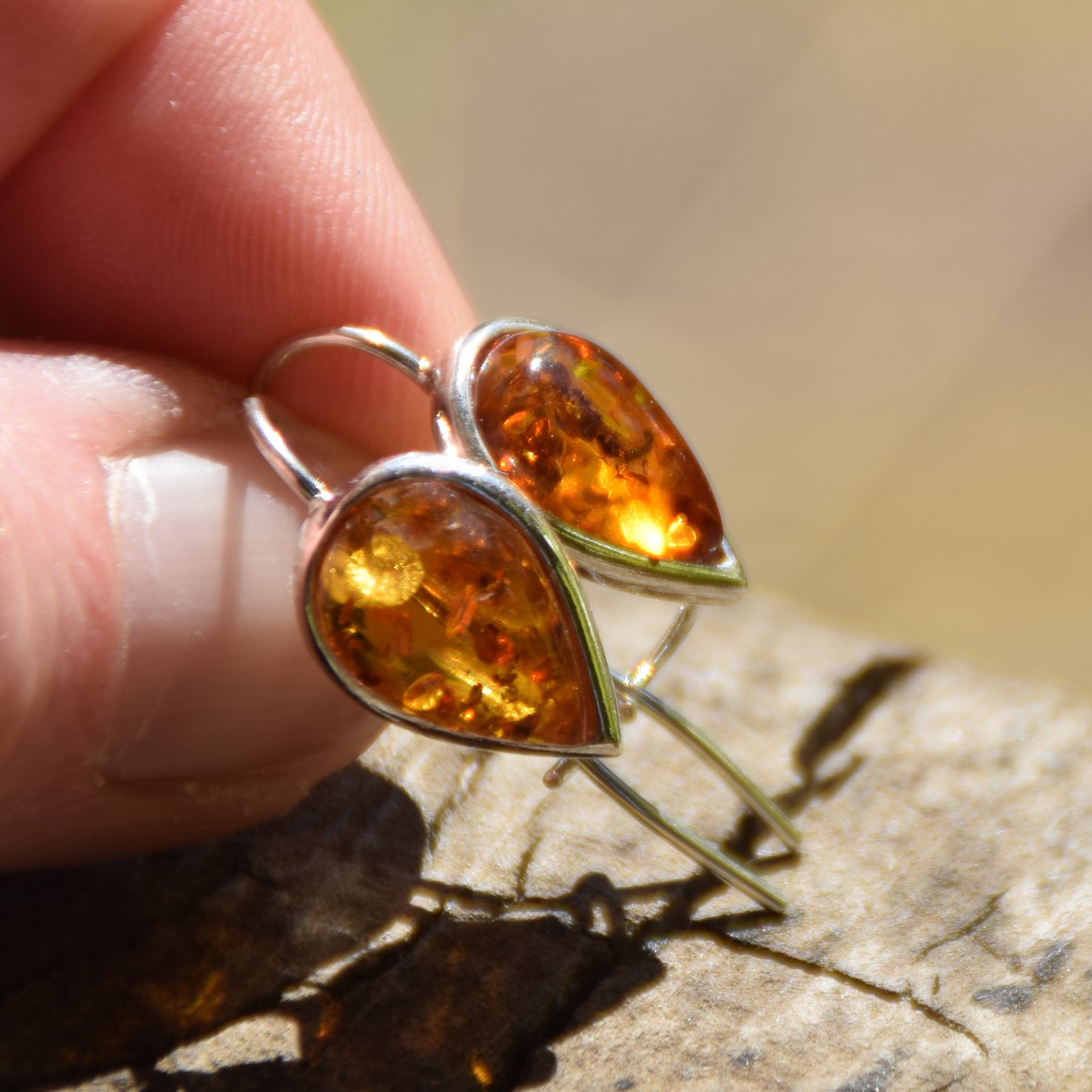 Cognac Natural Amber Teardrop Dangle Earrings in Sterling Silver 925, MJ Baltica, BK064