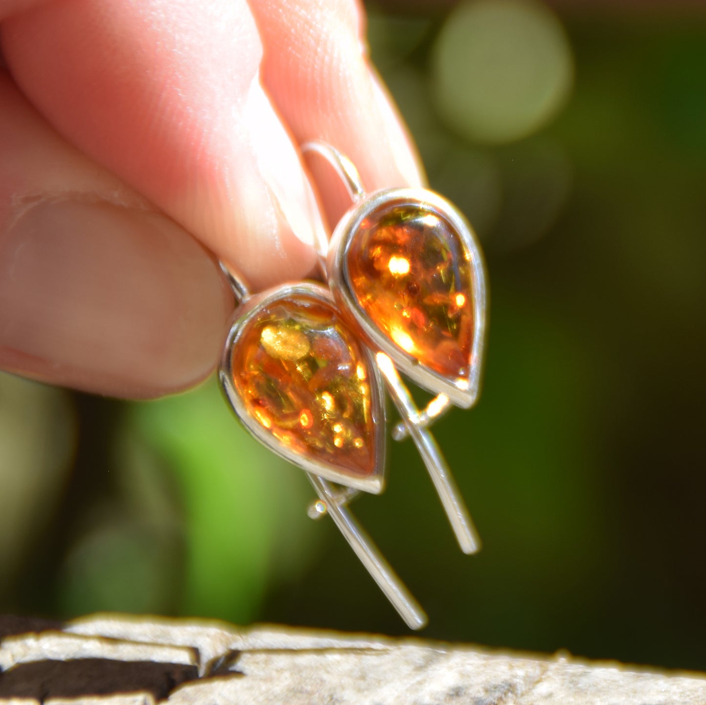 Cognac Natural Amber Teardrop Dangle Earrings in Sterling Silver 925, MJ Baltica, BK064
