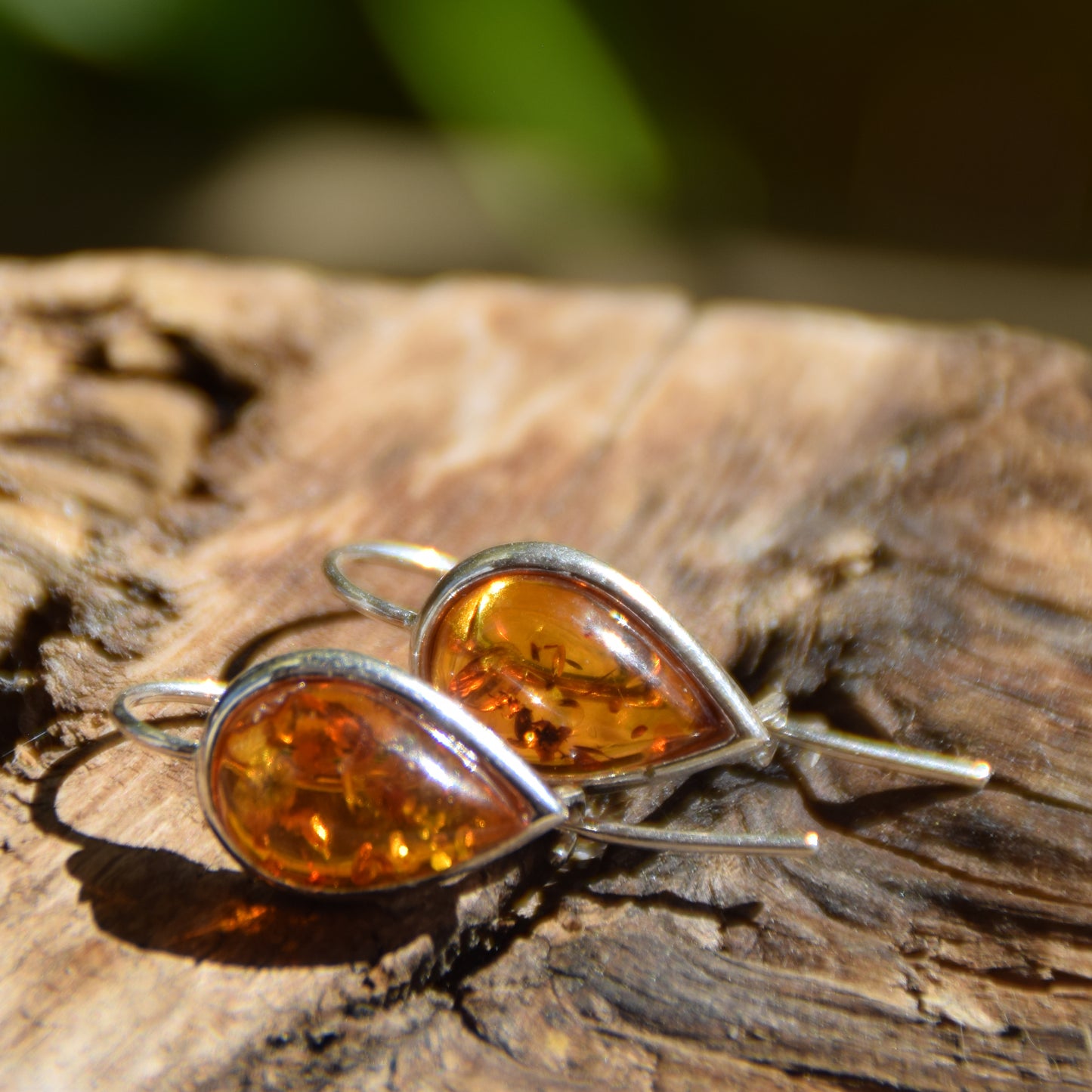 Cognac Natural Amber Teardrop Dangle Earrings in Sterling Silver 925, MJ Baltica, BK064