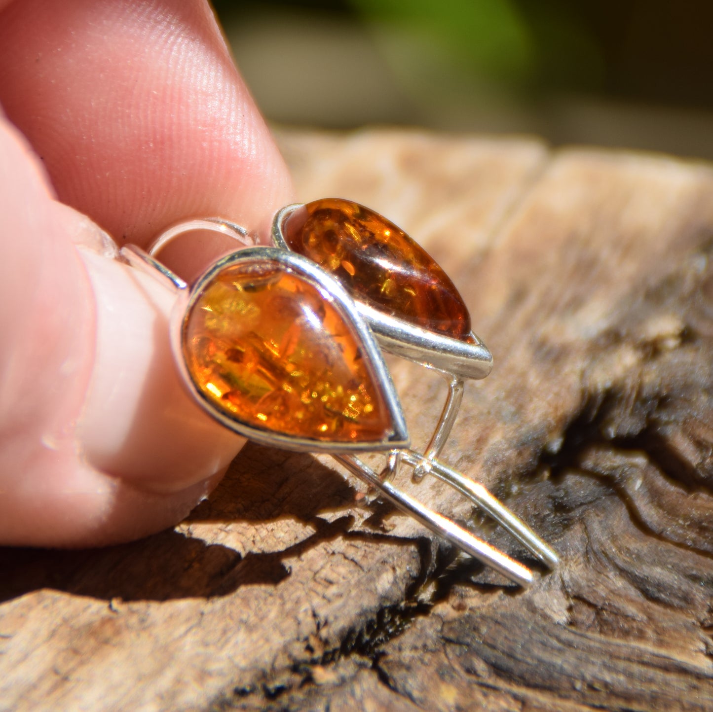 Cognac Natural Amber Teardrop Dangle Earrings in Sterling Silver 925, MJ Baltica, BK064