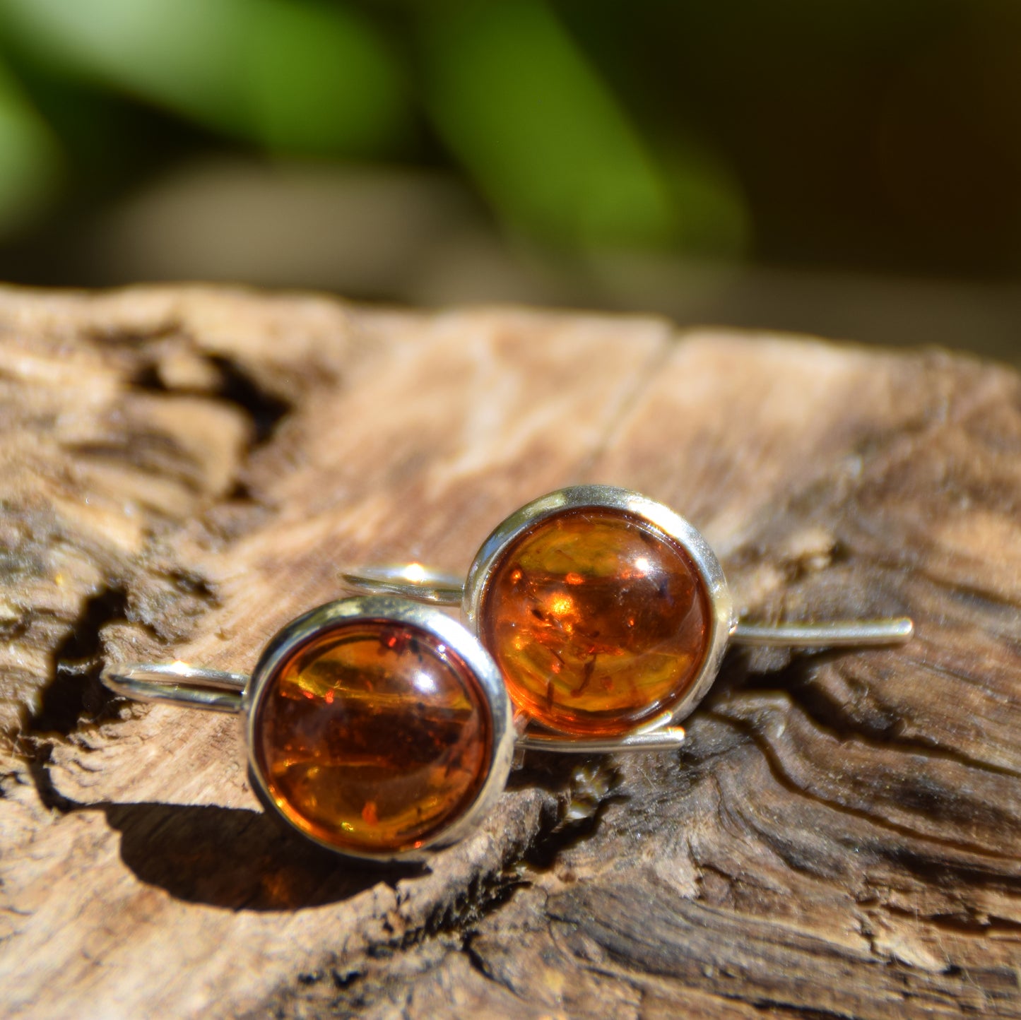 Round earrings with hook and natural cognac Amber and 925 Silver, MJ Baltica, BK065