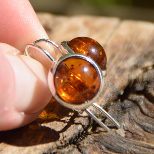Round earrings with hook and natural cognac Amber and 925 Silver, MJ Baltica, BK065