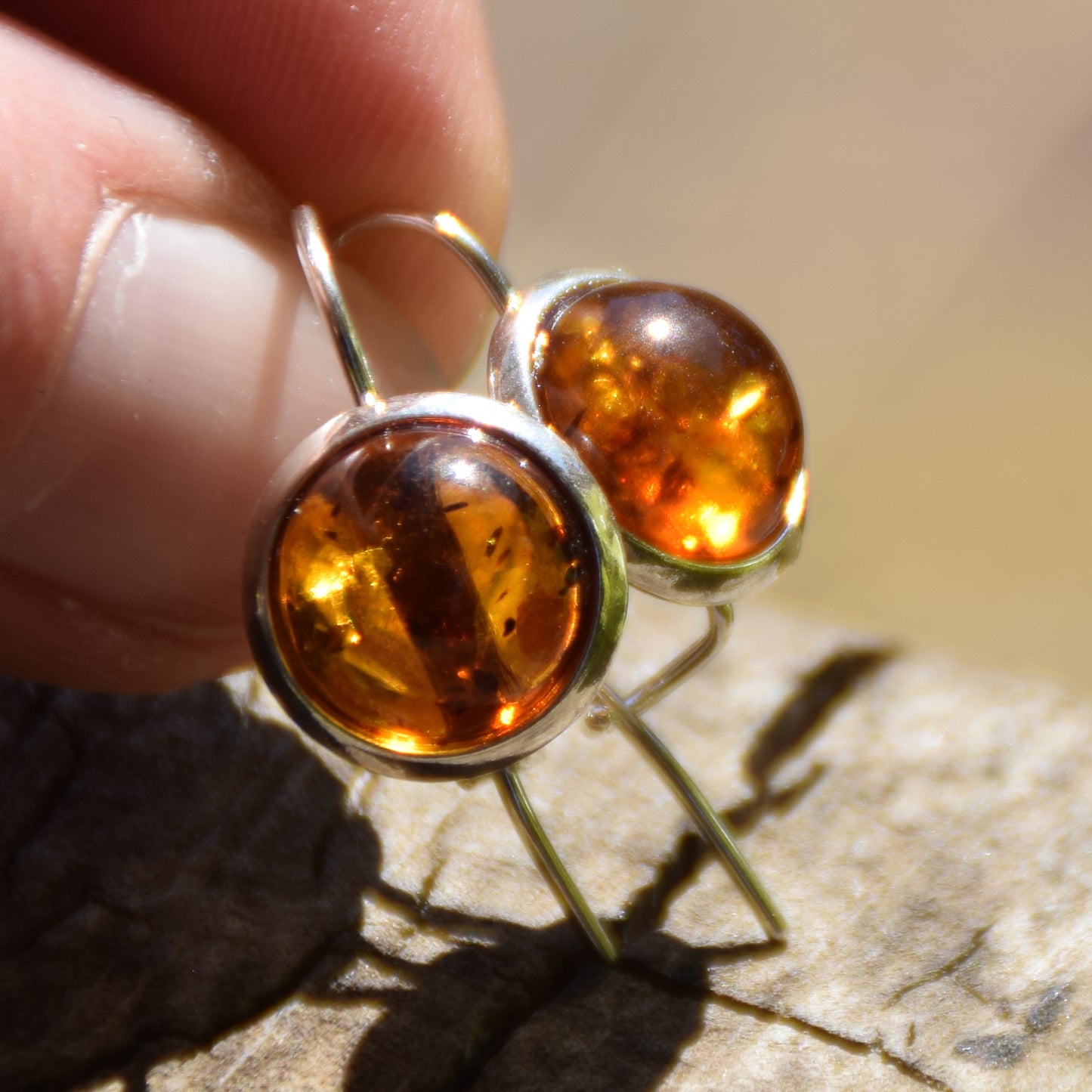 Round earrings with hook and natural cognac Amber and 925 Silver, MJ Baltica, BK065