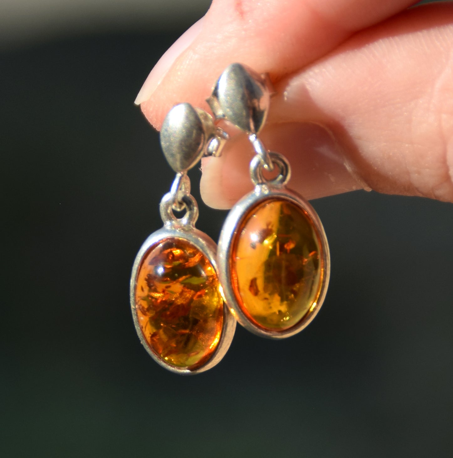 Oval drop earrings with natural cognac Amber and 925 Silver, MJ Baltica, BK068