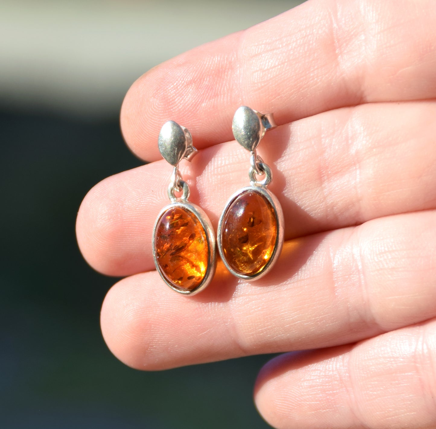 MJ Baltica, earrings, natural Baltic amber, 925 silver, cognac, oval, handcrafted, BK068