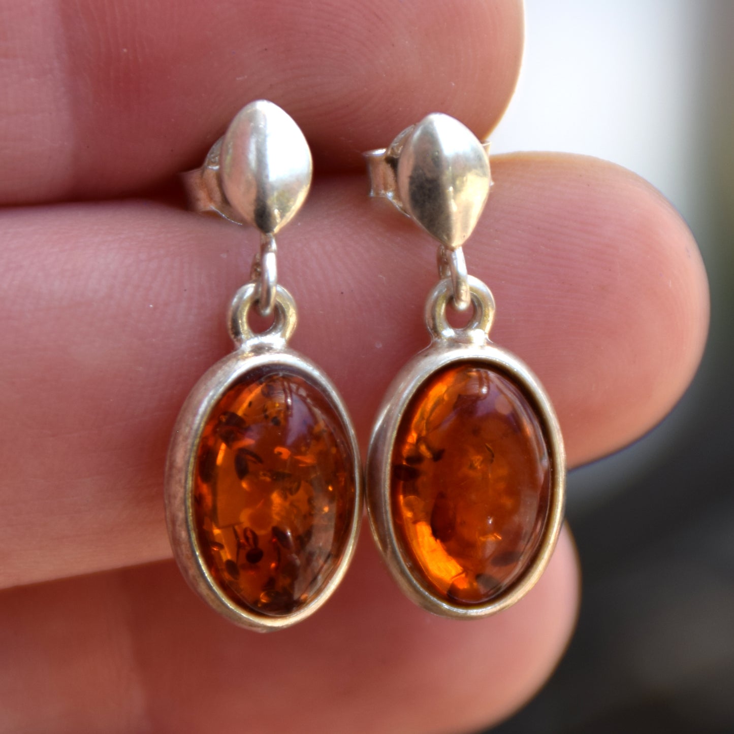 Oval drop earrings with natural cognac Amber and 925 Silver, MJ Baltica, BK068